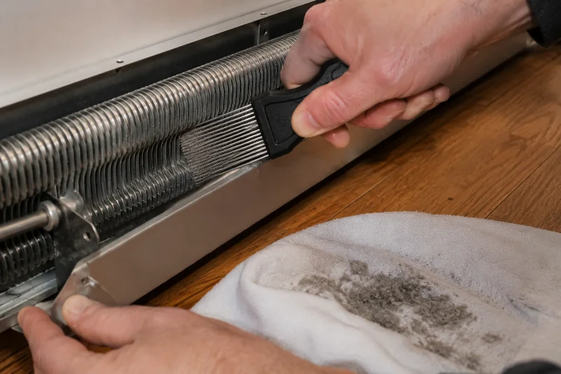 Using a fin comb to straighten bent baseboard heater fins