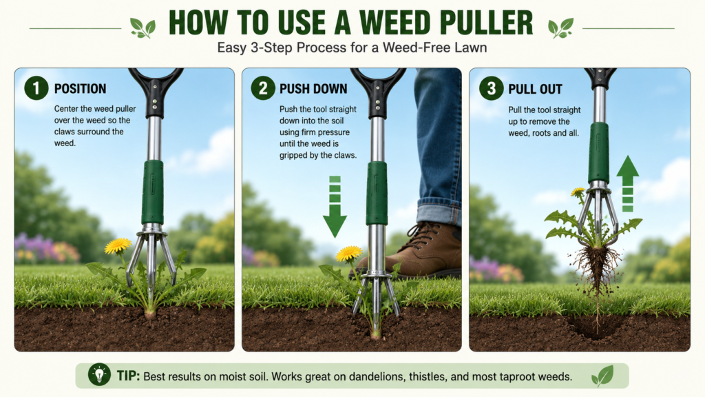 Illustration of proper weed puller tool technique from positioning to root removal