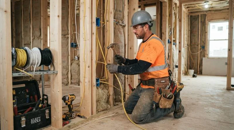 Electrician wiring open wall frame during home installation