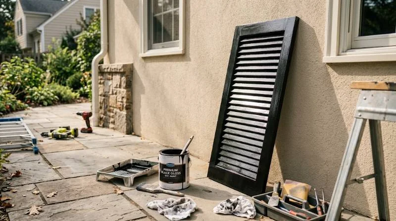 Tools and materials needed for a DIY shutter repair project
