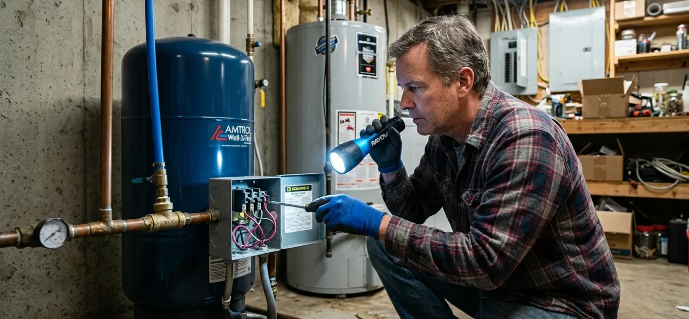 homeowner inspecting well pump pressure switch near pressure tank