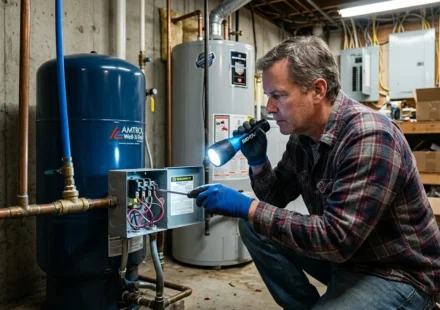 homeowner inspecting well pump pressure switch near pressure tank