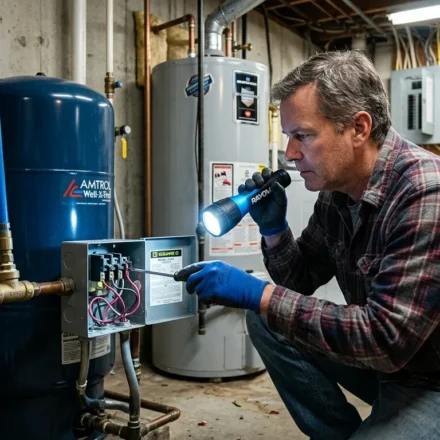 homeowner inspecting well pump pressure switch near pressure tank