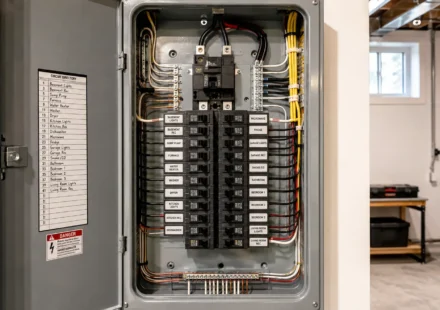 Organized electrical panel showing labeled breakers during a home wiring installation