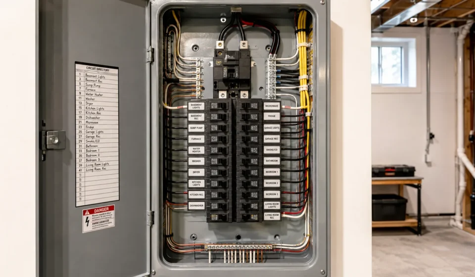 Home Wiring Installation: A Complete Practical Guide Organized electrical panel showing labeled breakers during a home wiring installation