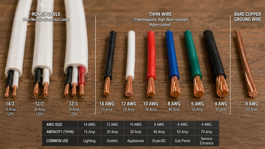 Different wire gauges used in home wiring installation laid side by side