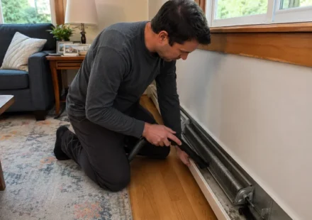 Homeowner vacuuming dust from baseboard heater fins