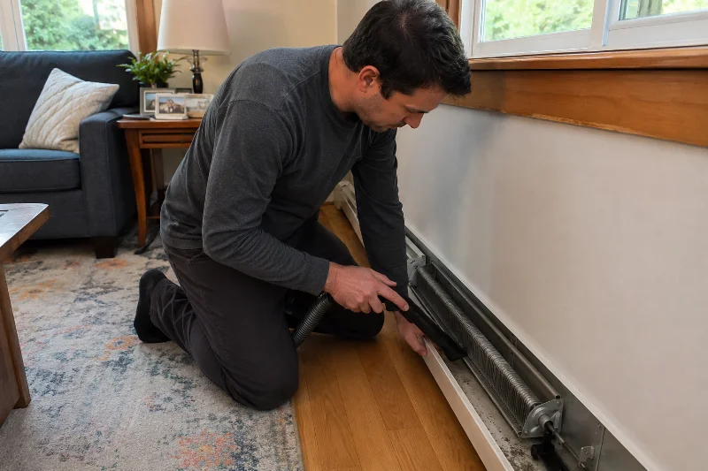 How to Clean Baseboard Heaters (Complete Guide) Homeowner vacuuming dust from baseboard heater fins