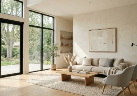 Living room showing modern drywall texture types on walls and ceiling