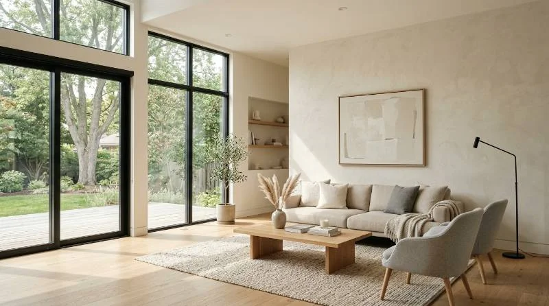 Living room showing modern drywall texture types on walls and ceiling
