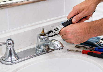 Hands removing a faucet handle to access the cartridge for replacement