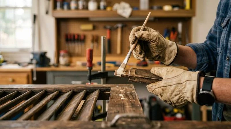 Applying glue during shutter repair to reattach a loose wooden louver
