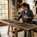 Homeowner performing shutter repair on a wooden exterior shutter laid across sawhorses