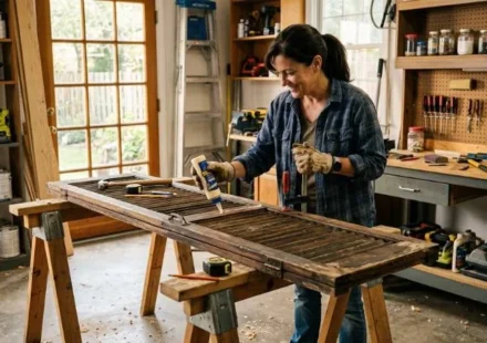 Homeowner performing shutter repair on a wooden exterior shutter laid across sawhorses