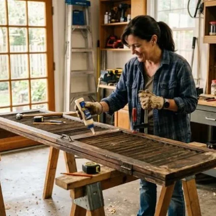 Homeowner performing shutter repair on a wooden exterior shutter laid across sawhorses