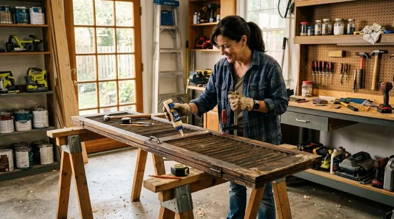Homeowner performing shutter repair on a wooden exterior shutter laid across sawhorses