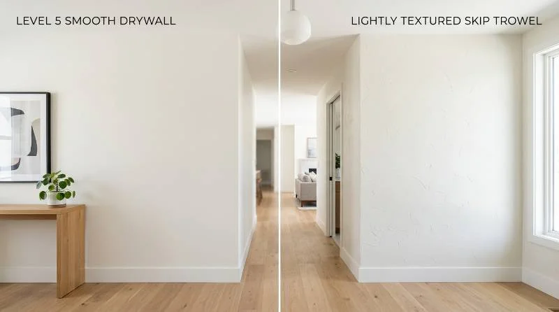 Side by side comparison of two modern drywall texture types on interior walls