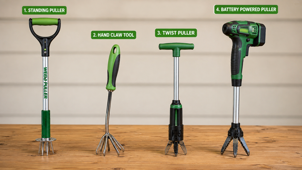 Four types of weed puller tool including standing, claw, twist, and battery models