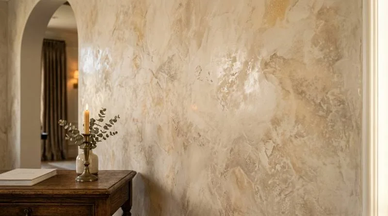 Close-up of Venetian plaster style modern drywall texture on an interior wall