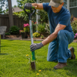 person using a weed puller tool to remove a dandelion from a lawn