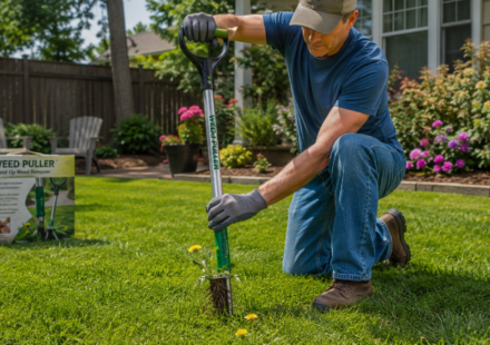 person using a weed puller tool to remove a dandelion from a lawn