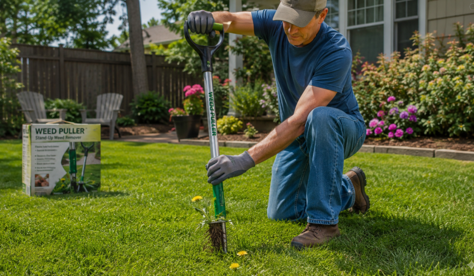 person using a weed puller tool to remove a dandelion from a lawn