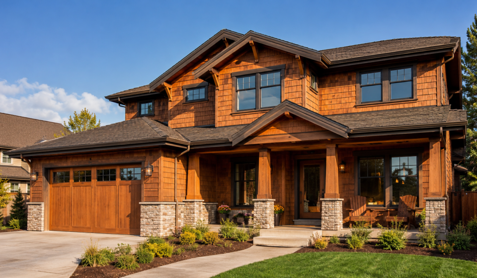 House exterior showing natural wood siding types with cedar clapboard finish