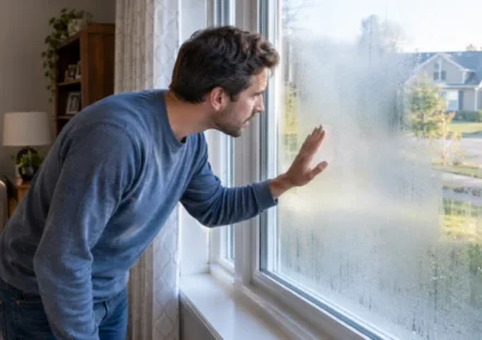 Homeowner checking a foggy window before starting foggy window repair