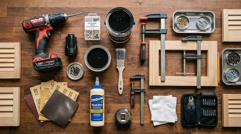 Tools and materials needed for a DIY shutter repair project