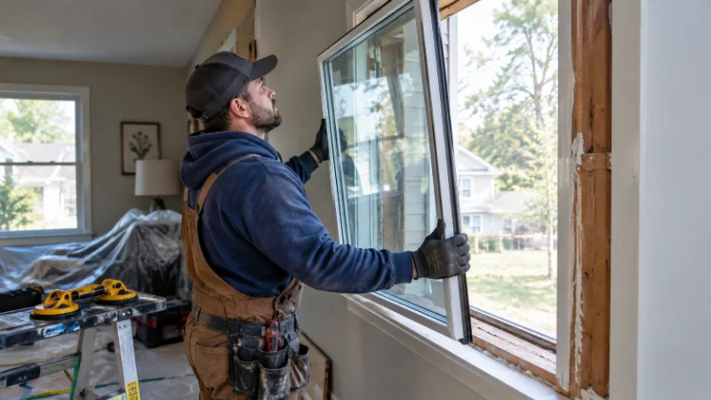 Technician performing foggy window repair by replacing the sealed glass unit