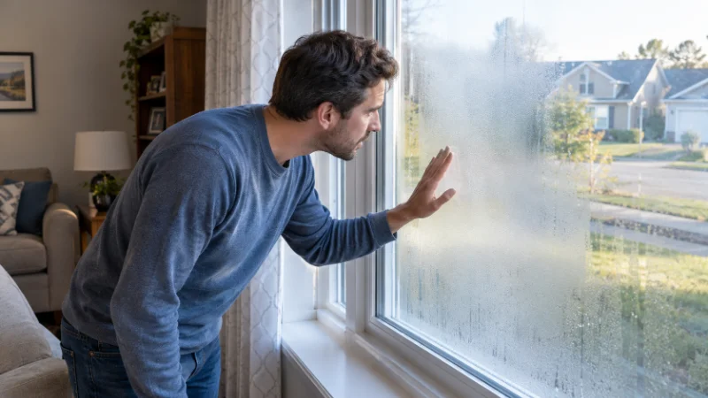 Homeowner checking a foggy window before starting foggy window repair