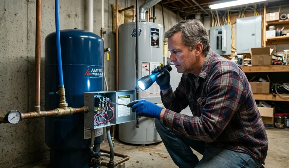 homeowner inspecting well pump pressure switch near pressure tank
